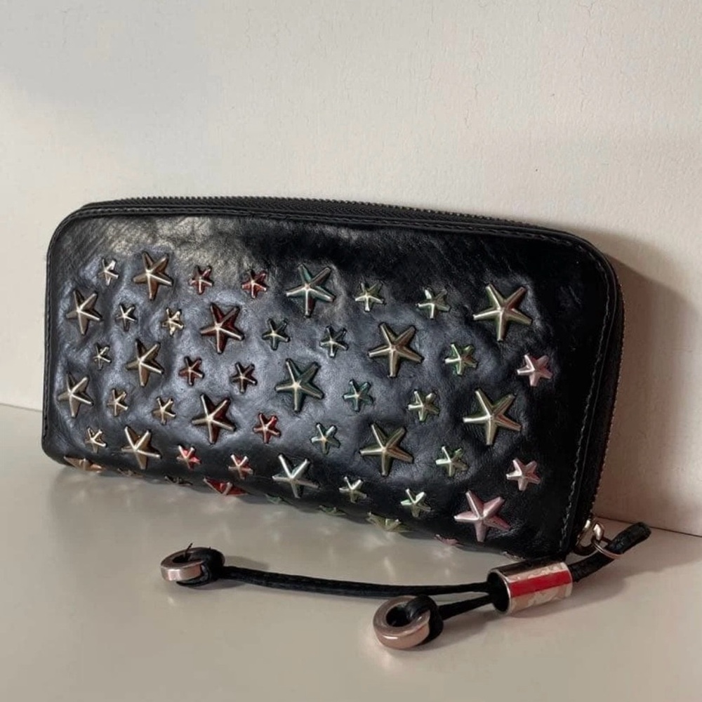 Jimmy Choo Black Leather Zip Wallet with Multicolor Star Studs - Picture 2 of 8